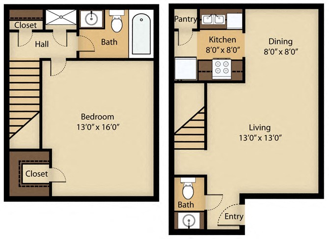 Floor plan for 1 bed, 1.5 baths, 788 sqft